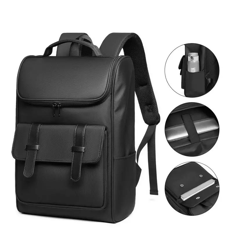 Sac à dos femme en faux cuir noir avec plusieurs compartiments pour ordinateur et bouteille