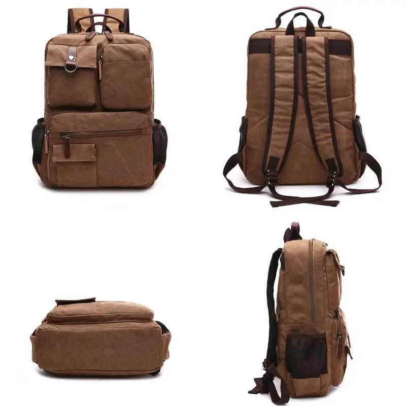 Sac à dos en toile marron pour homme avec poches extérieures et bretelles rembourrées