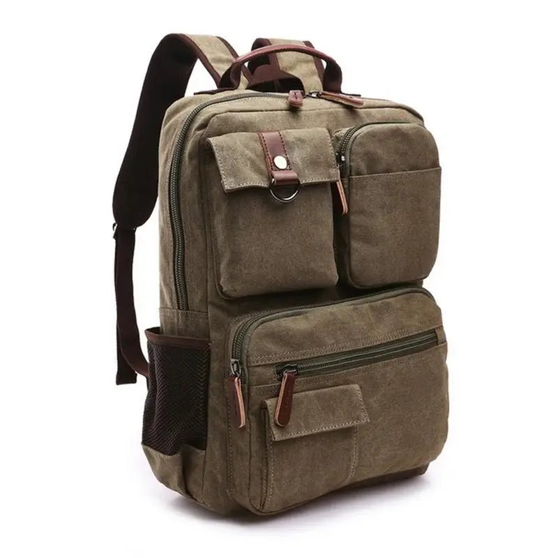 Sac à dos en toile olive vert avec poches extérieures et accents en cuir marron