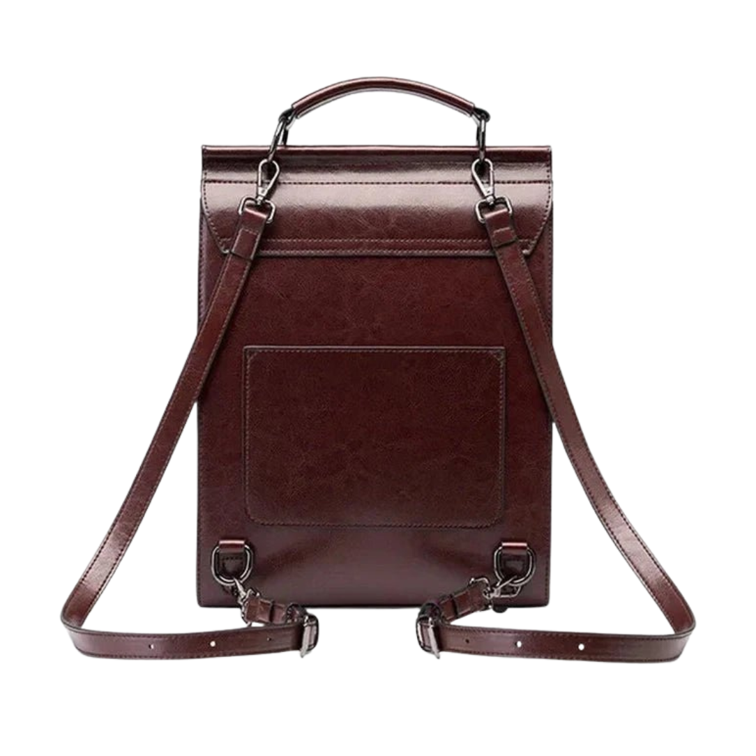 Sac à dos ordinateur en cuir ciré bordeaux à forme rectangulaire avec double bretelles réglables et poignée dessus