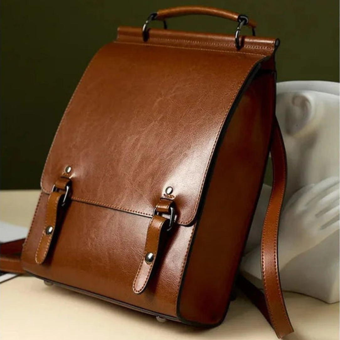 Sac à dos vintage femme en cuir ciré marron avec poignée supérieure et bretelles ajustables apolline sac à dos ordinateur