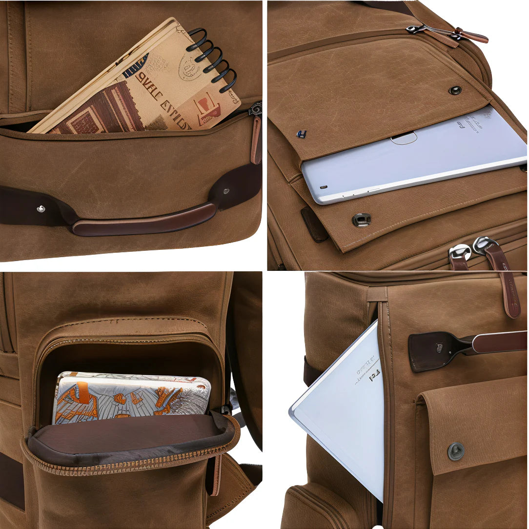 Cartable vintage homme en cuir marron avec compartiments et sangles robustes