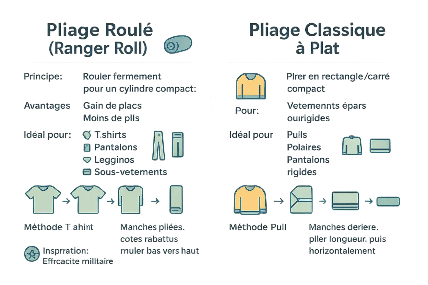 Comparaison visuelle des méthodes de pliage roulé et à plat