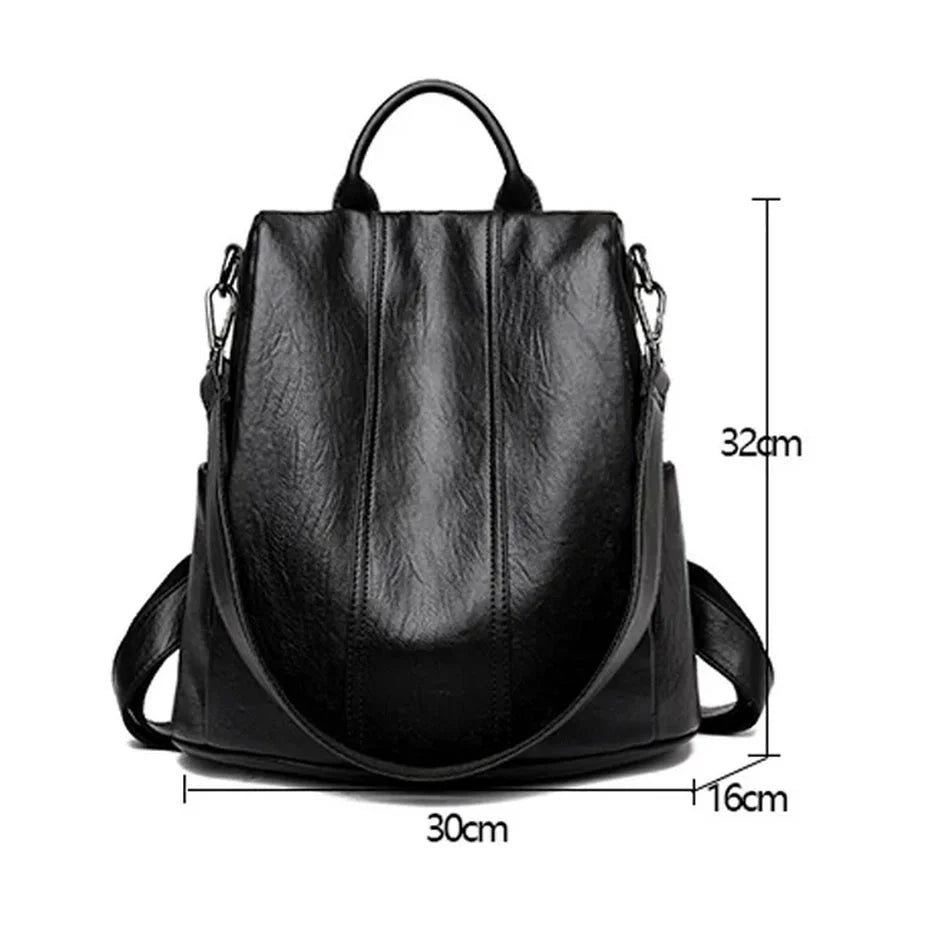 Sac à dos en faux cuir noir femme avec compartiments, poches latérales et poignée supérieure