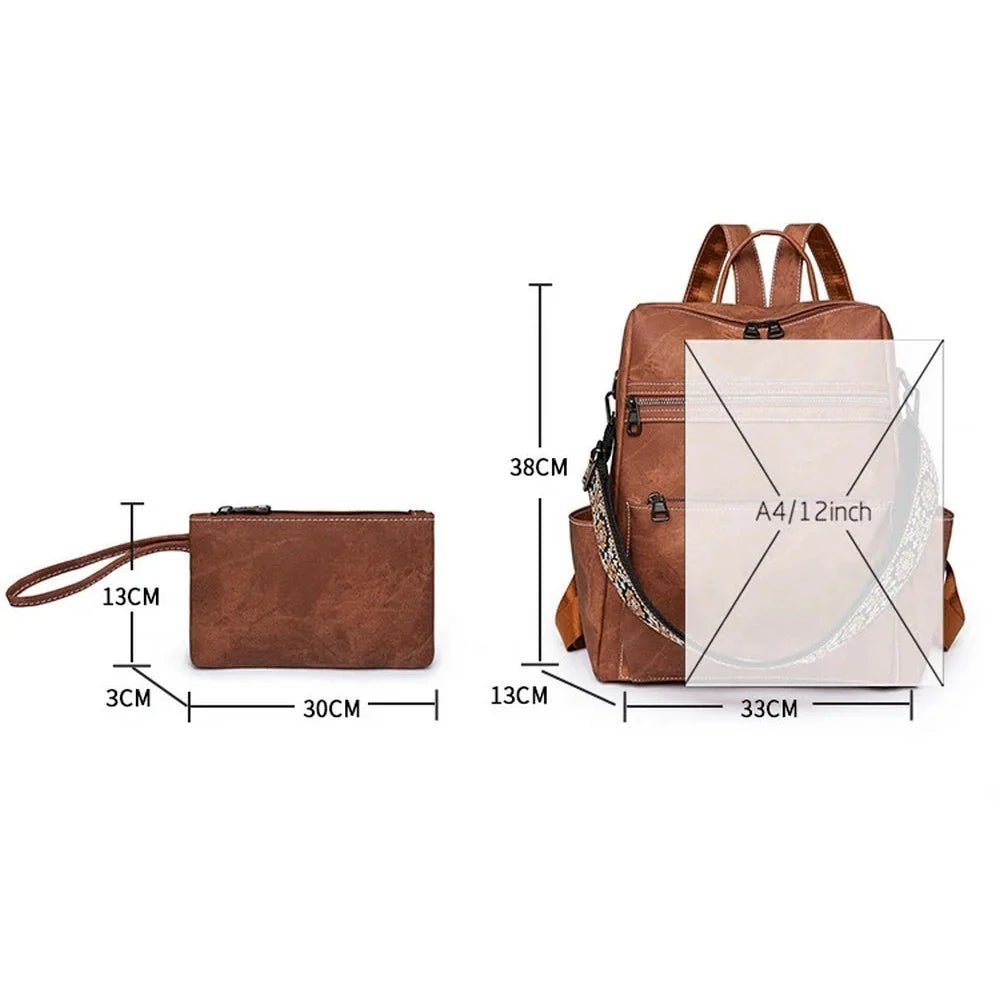 Sac à dos en cuir marron vintage avec pochette assortie et bandoulière décorative