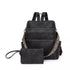 Sac à dos en cuir vintage noir avec poches zippées et bandoulière brodée, avec wristlet