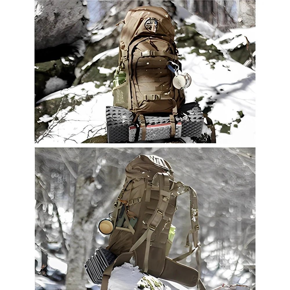 Sac à dos militaire 50L robuste tan avec sangles extérieures pour trekking hiver