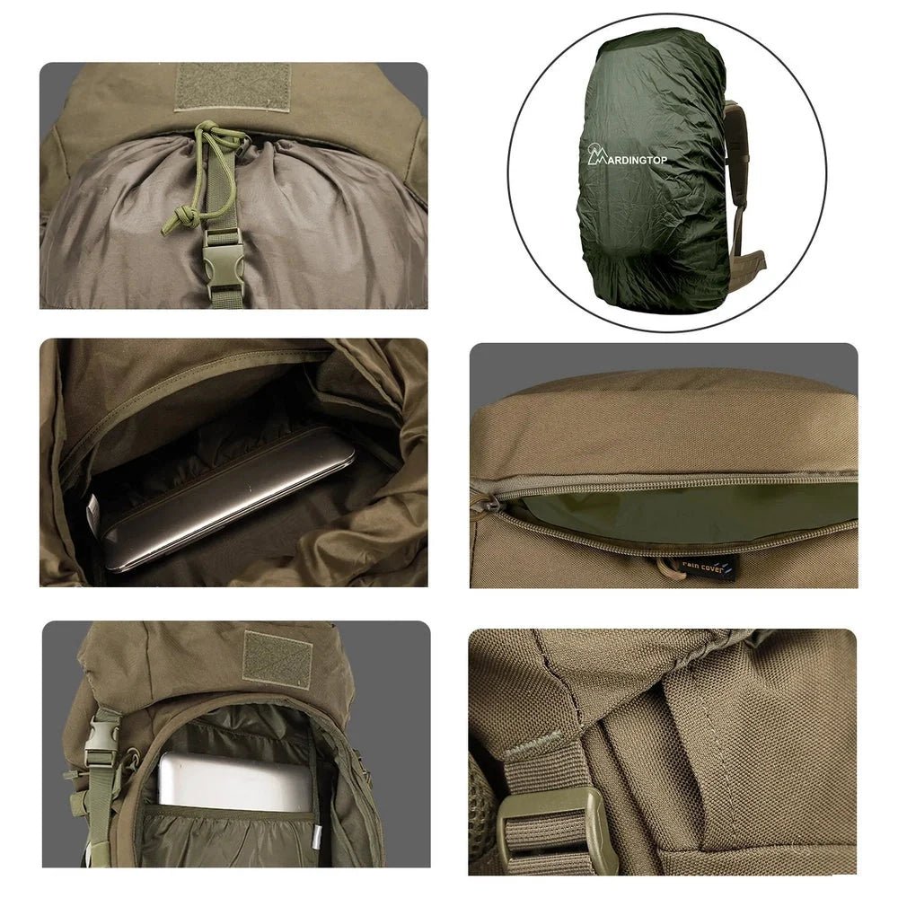 Sac à dos de randonnée olive vert avec compartiments, housse de pluie et poche pour ordinateur