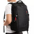 Sac à dos noir avec accents rouges et plusieurs compartiments pour le collège