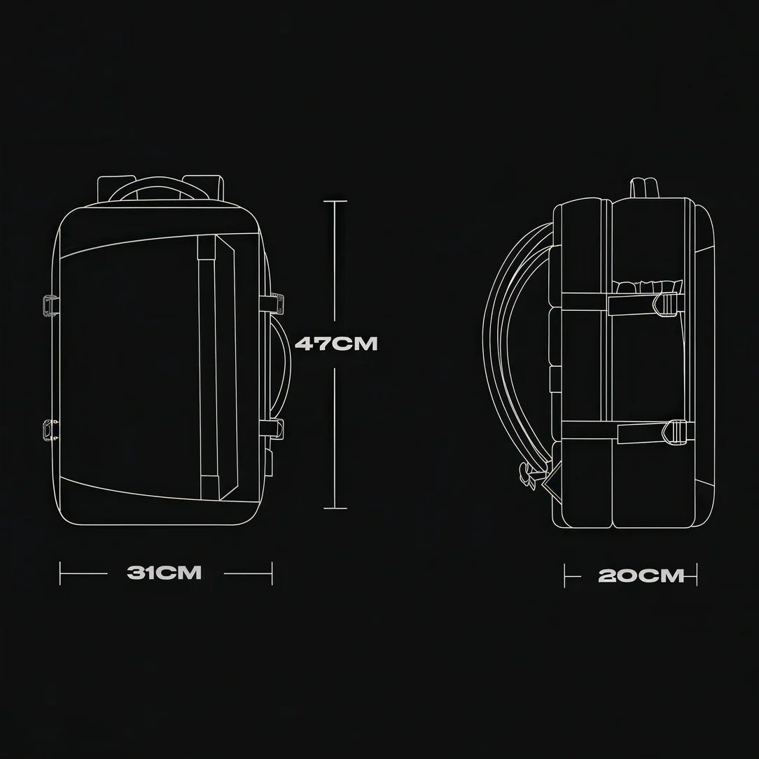 Dessin en contour noir d’un sac à dos pour PC 16 pouces Colossus XB avec dimensions