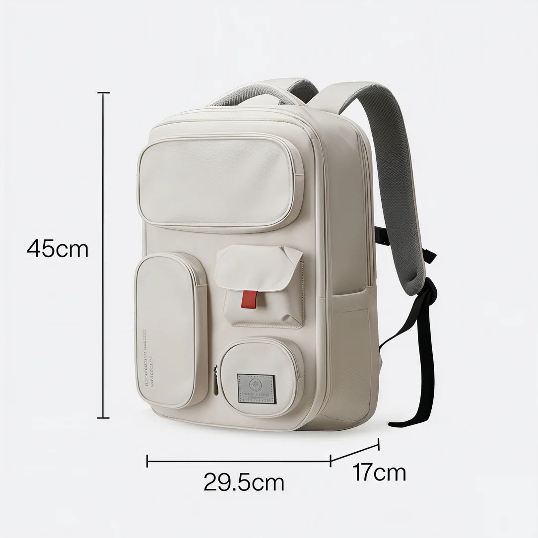 Sac à dos beige clair avec plusieurs poches extérieures et bretelles ajustables pour femme Grand sac ordinateur 17 pouces Elegance XL