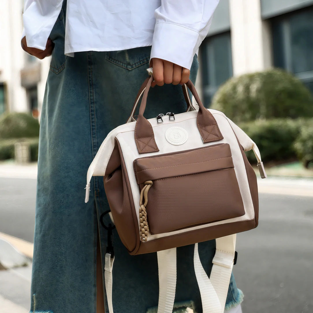 Sac à dos mini Plume Claire marron et beige avec sangle chaîne
