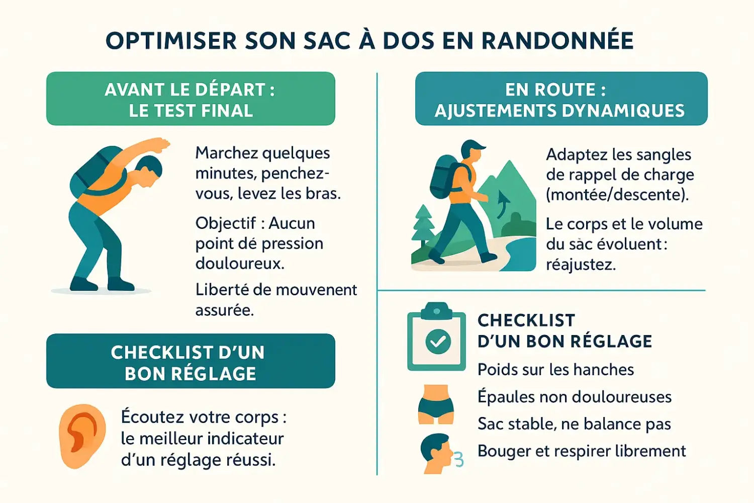 Randonneur ajustant les sangles de son sac à dos sur un sentier