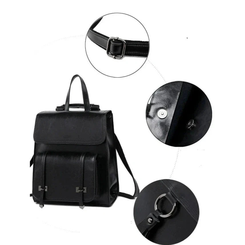Sac à dos en cuir noir avec bretelles ajustables, fermeture magnétique et boucles frontales