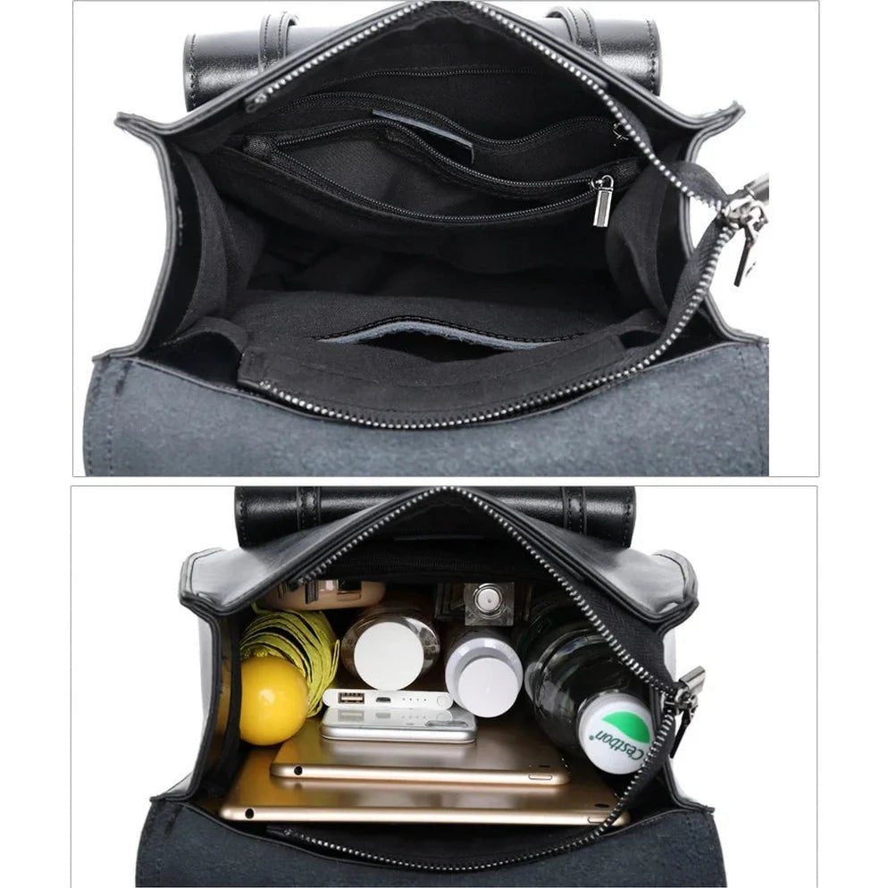 Sac à main en cuir noir avec espace et compartiments, vide et rempli d’objets quotidiens