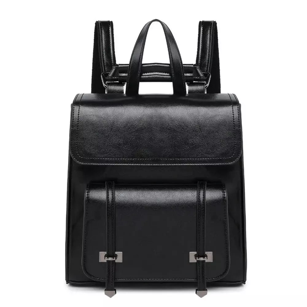 Sac à dos en cuir noir élégant avec rabat supérieur et poche à boucle avant