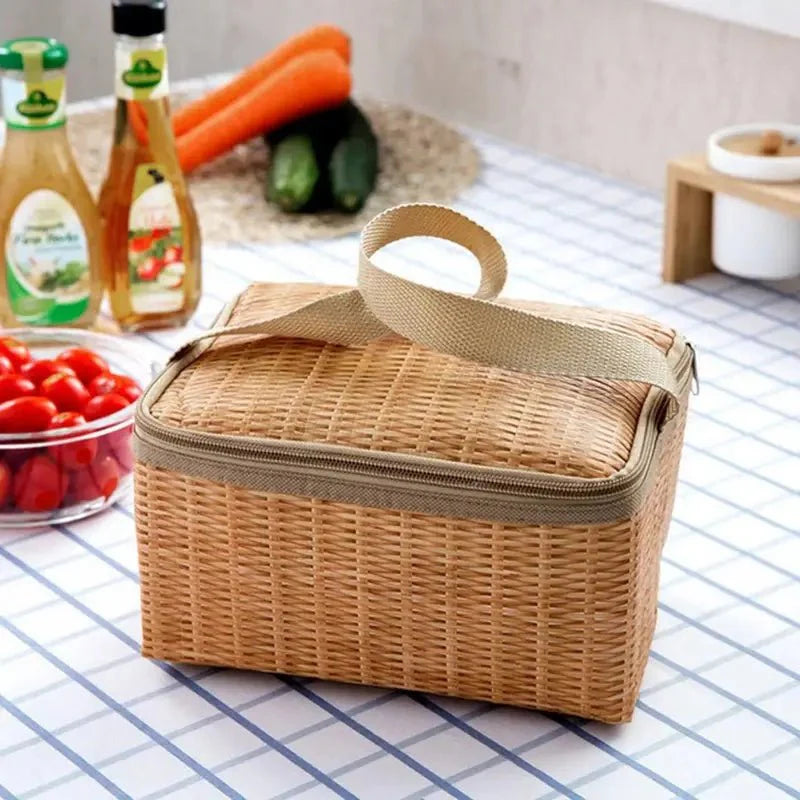 Sac à lunch rectangulaire en osier tressé avec zip et bandoulière pour Petit sac à dos isotherme