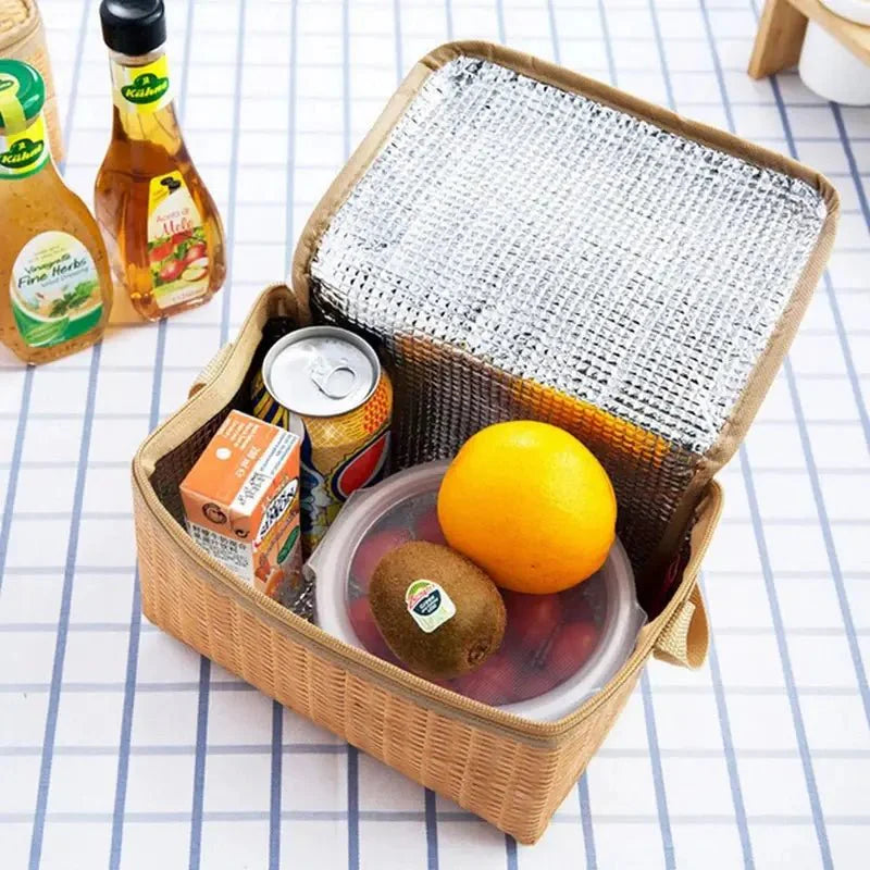 Panier pique-nique en osier avec intérieur isotherme, fruits, boisson et nourriture