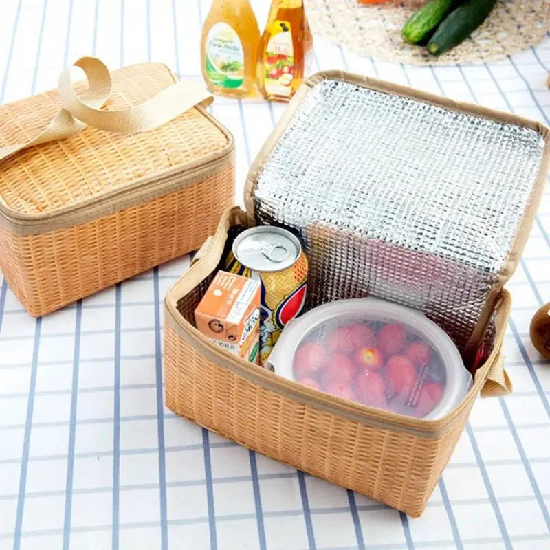Sac à dos isotherme en osier rempli de nourriture et boissons pour pique-nique