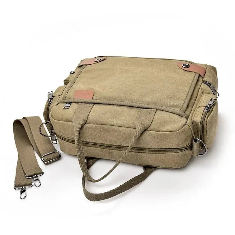 Sac à dos de voyage en toile kaki avec plusieurs compartiments et bandoulière détachable