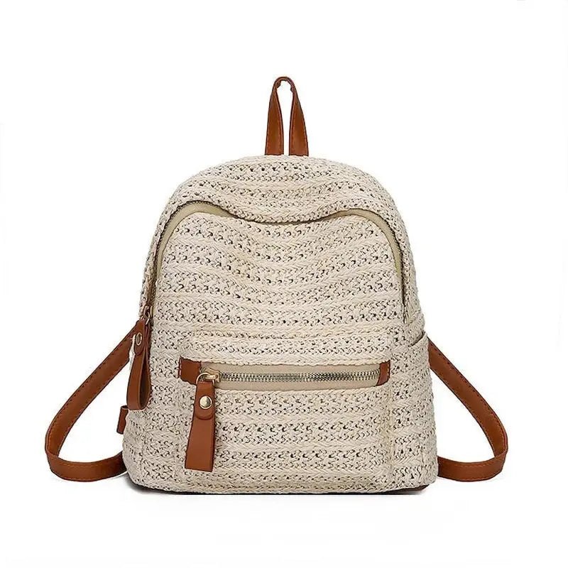 Sac à dos femme de plage en paille tissé avec accents en cuir marron et fermeture éclair