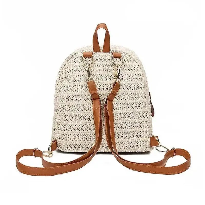 Sac à dos femme de plage en paille tissé avec bandoulières en cuir marron