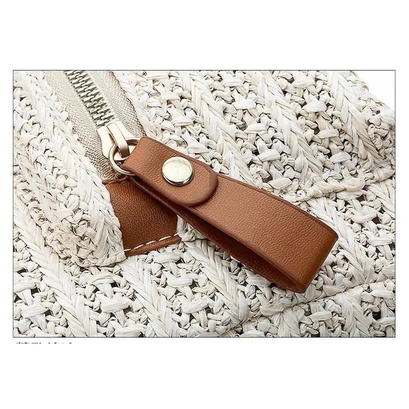 Sac à dos femme de plage en paille avec fermeture éclair et tirette en cuir marron