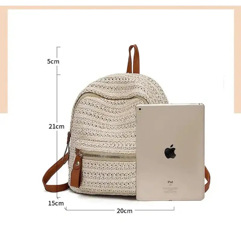 Mini sac à dos femme de plage en paille avec accents en faux cuir marron