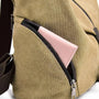 Sac à dos en toile olive vert avec portefeuille rose partiellement visible