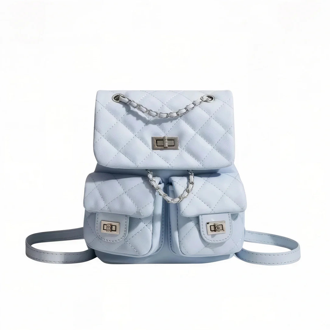 Petit sac à dos Granit bleu clair matelassé avec quincaillerie argentée et sangle chaîne