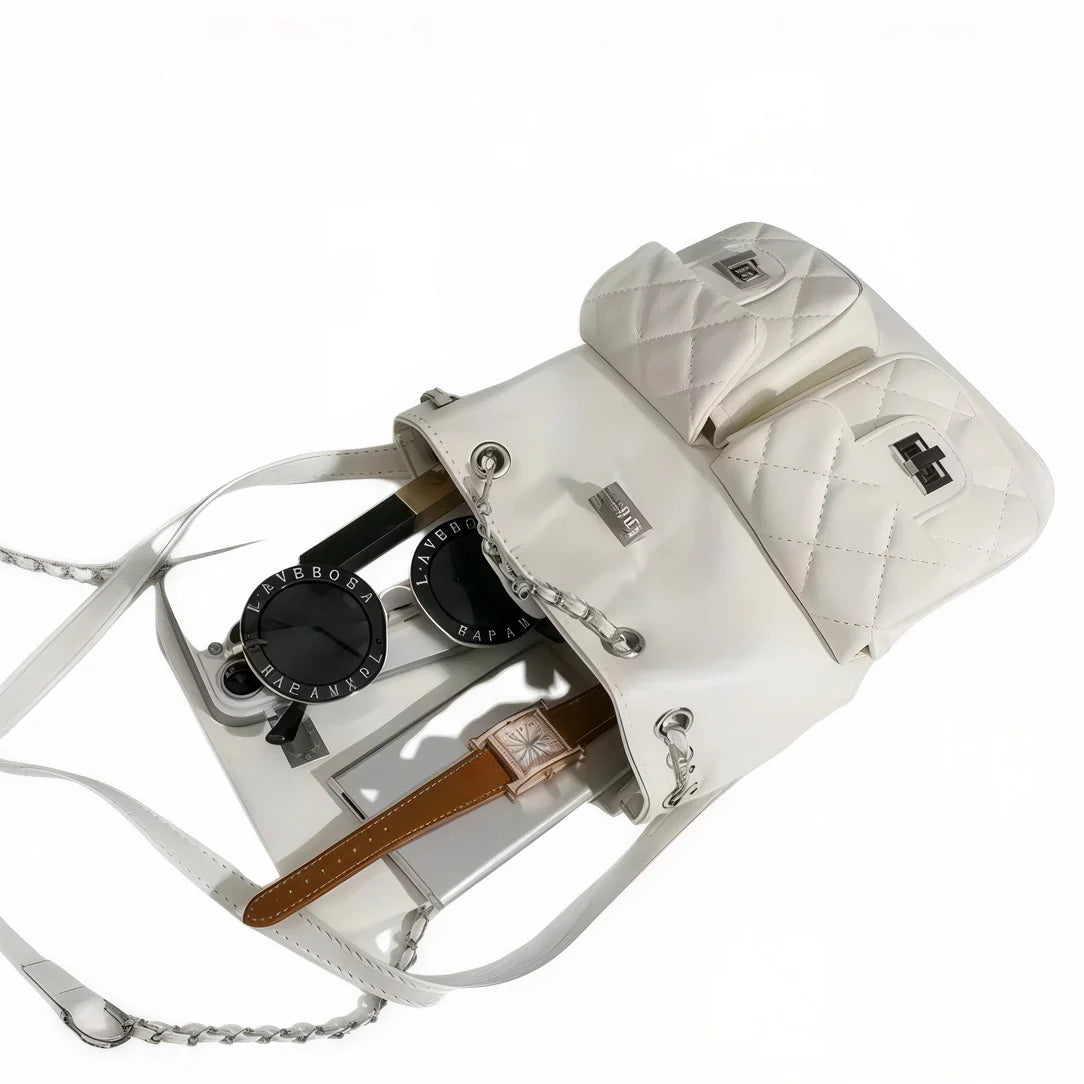 Sac à main en cuir blanc matelassé avec chaîne argentée, Petit sac à dos - Granit