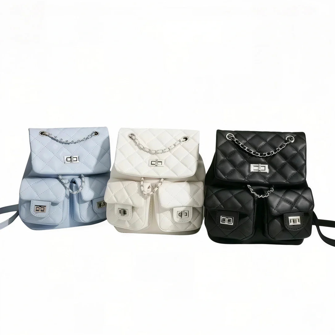 Petit sac à dos Granit : sacs à dos matelassés bleu clair, blanc et noir avec détails chaîne