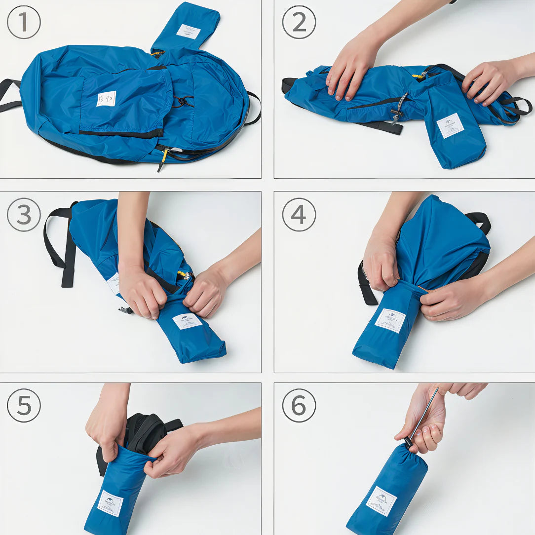 Petit sac à dos imperméable bleu compactible avec fermetures et sangles noires