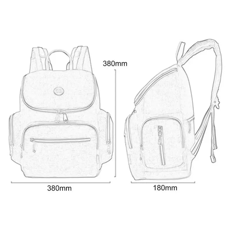 Dessins linéaires du Petit sac à dos à langer avec vues frontale, latérale et dimensions