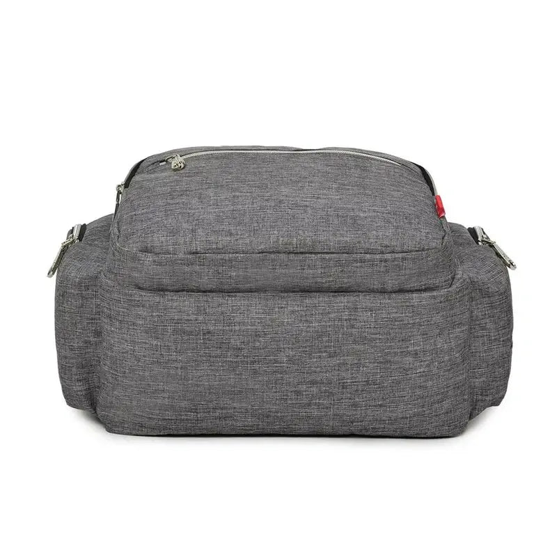 Sac à dos à langer en tissu melange gris avec plusieurs compartiments zippés