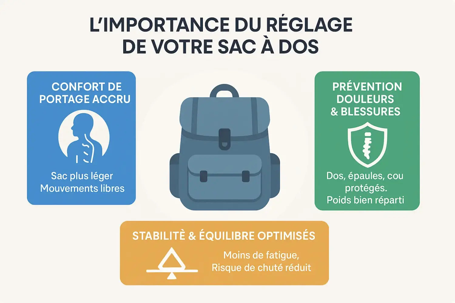Illustration montrant un randonneur ajustant correctement son sac à dos sur son dos et sa ceinture lombaire