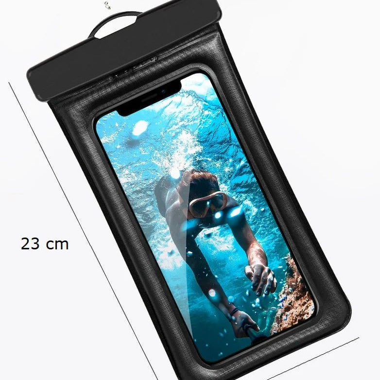 Pochette 100 % waterproof de téléphone noire avec écran transparent montrant une scène sous-marine