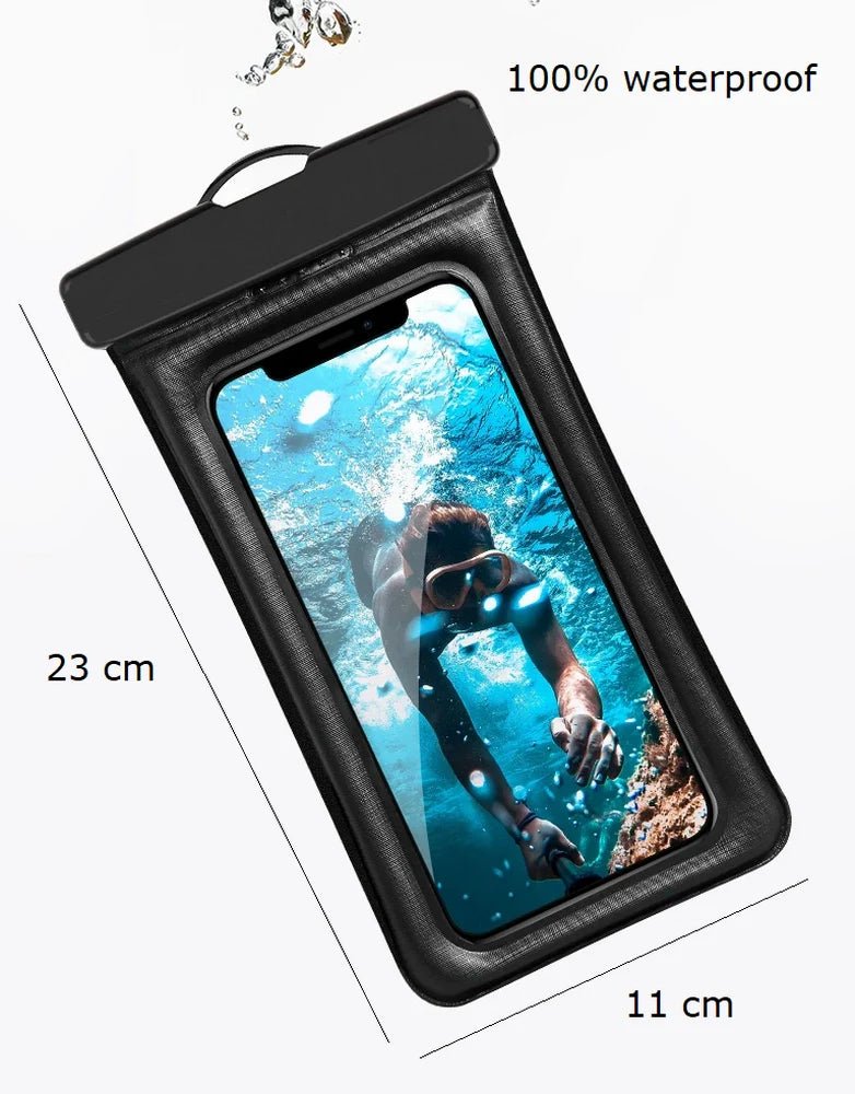 Pochette 100 % waterproof de téléphone noire avec écran transparent montrant une scène sous-marine