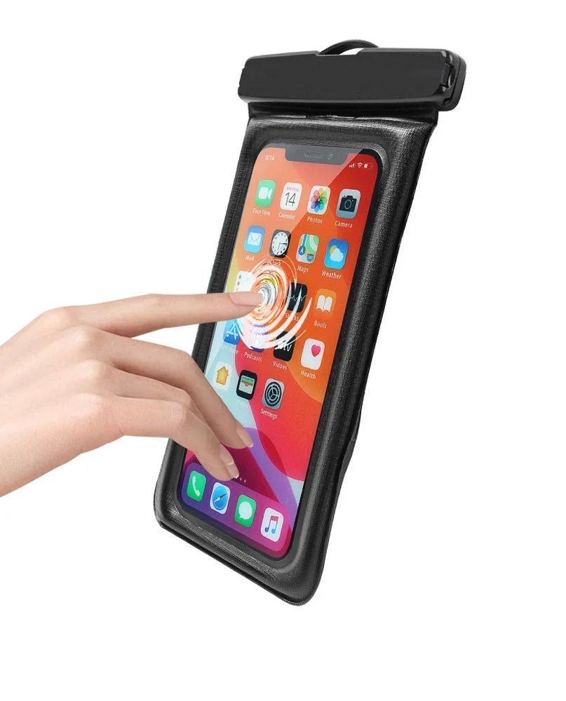 Pochette 100 % waterproof pour téléphone noir avec écran transparent et main utilisant l’écran