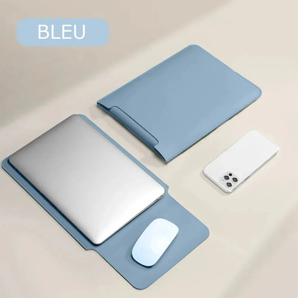 Étui en cuir bleu pour PC avec tapis de souris assorti et pochette accessoire