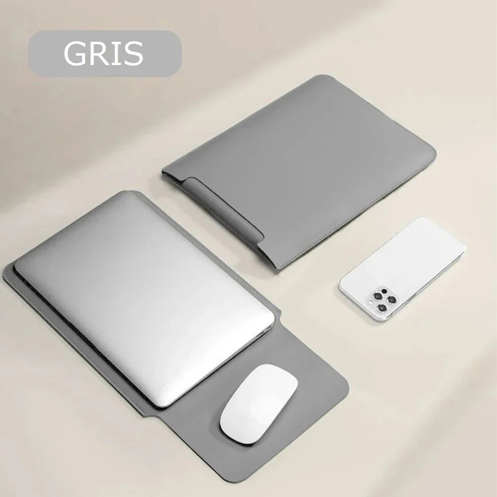 Étui de protection PC en cuir gris avec tapis de souris intégré, smartphone blanc