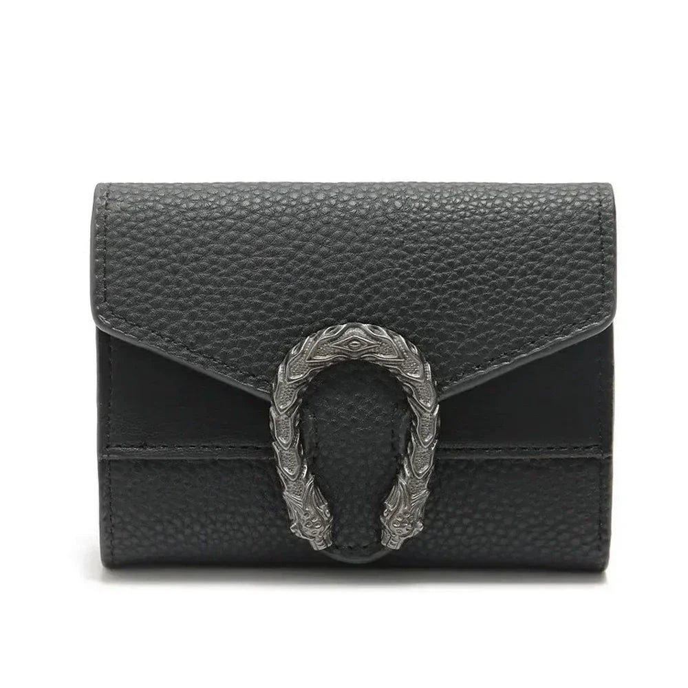 Portefeuille chic en cuir en cuir noir avec boucle en forme de fer à cheval argenté