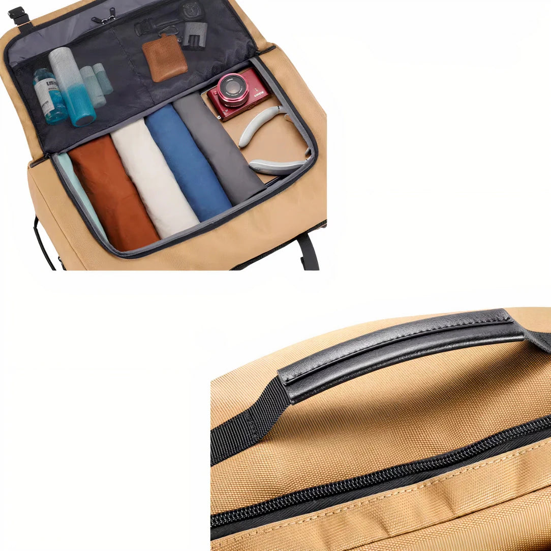 Sac à dos en toile beige 17 pouces avec accents noirs et intérieur rembourré