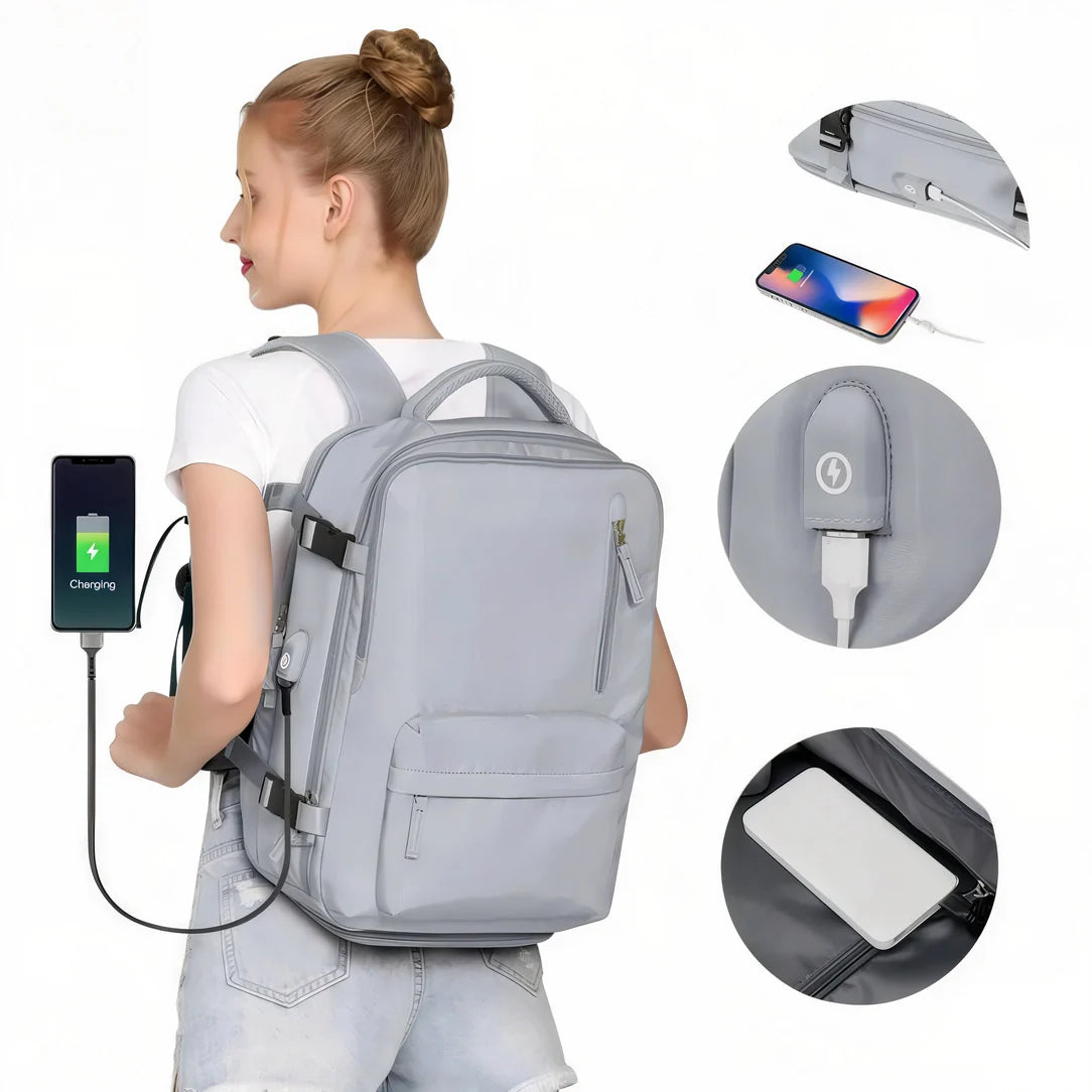 Sac 40x20x30 : sac à dos gris avec port de charge intégré et multiples poches