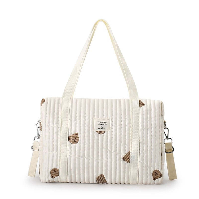 Sac à bandoulière en coton pour bébé avec sac à main blanc matelassé, broderie ours marron