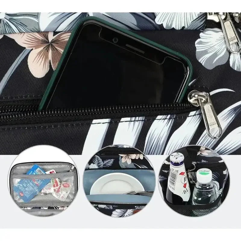 Sac à dos isotherme 15 litres noir avec motifs floraux et plusieurs compartiments