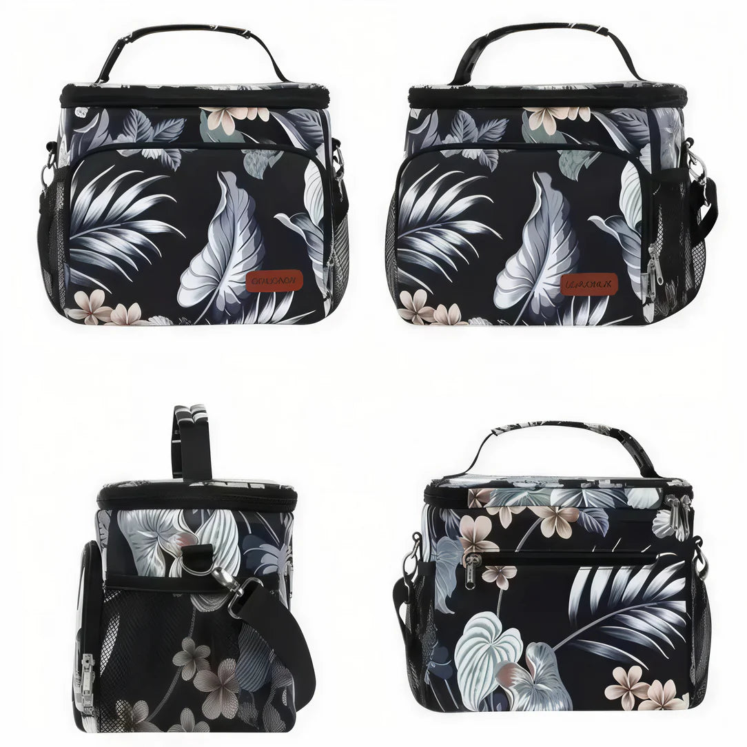 Sac à bandoulière isotherme 10L avec motif floral noir, poignée et bandoulière