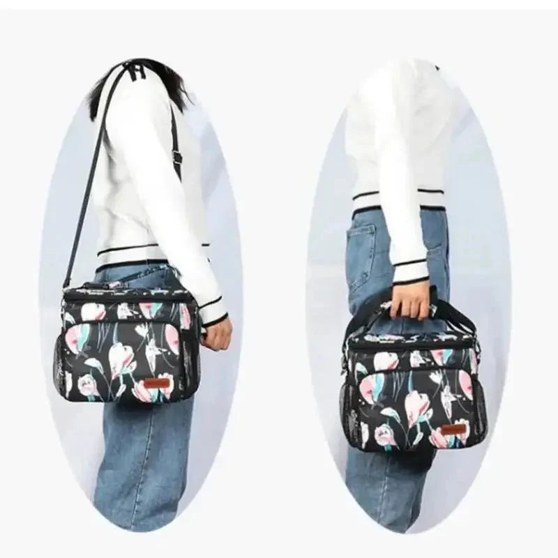 Sac à dos isotherme 15 litres avec motif floral noir, bandoulière et poignée supérieure
