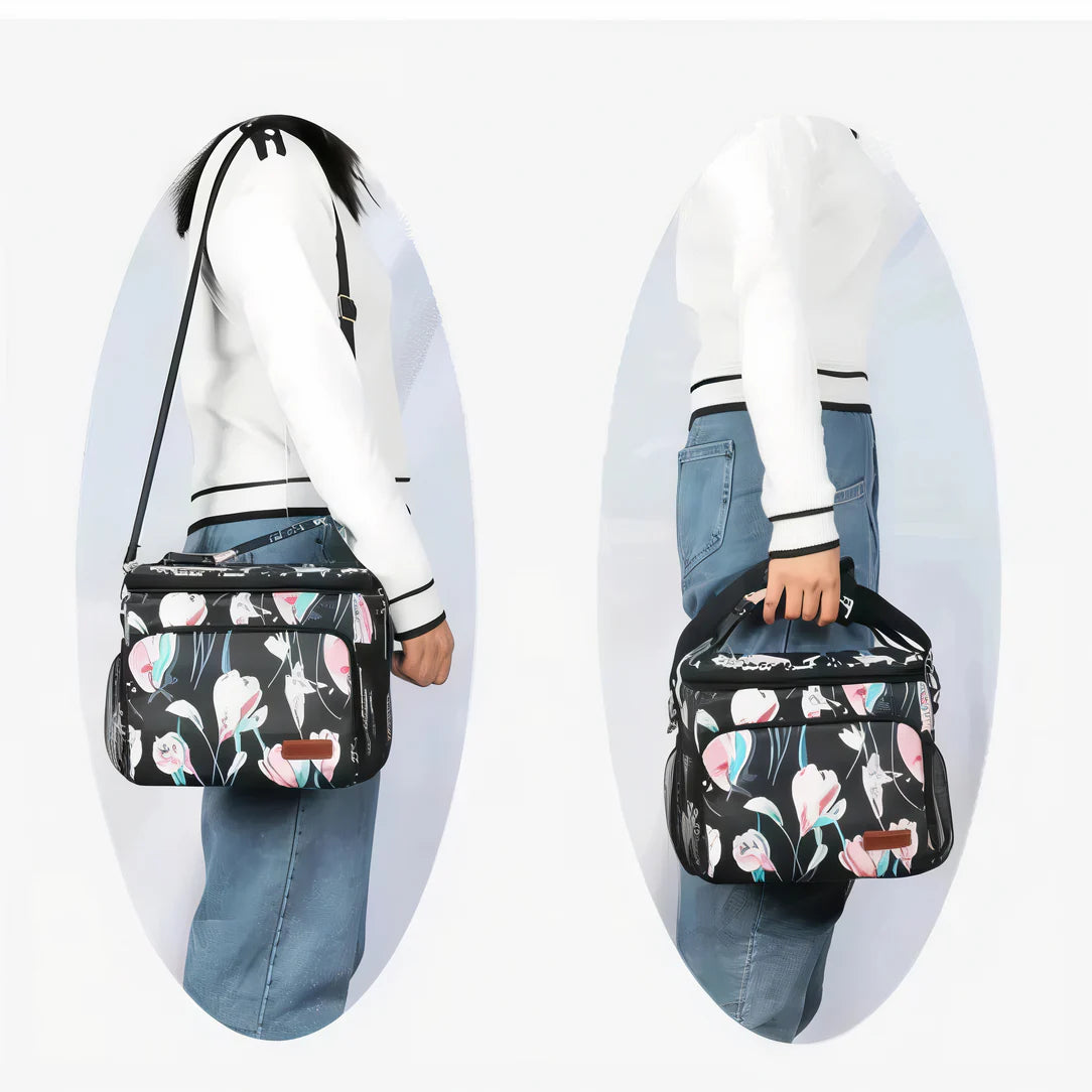 Sac à bandoulière isotherme 10L avec sac à lunch floral noir, bandoulière et poignée