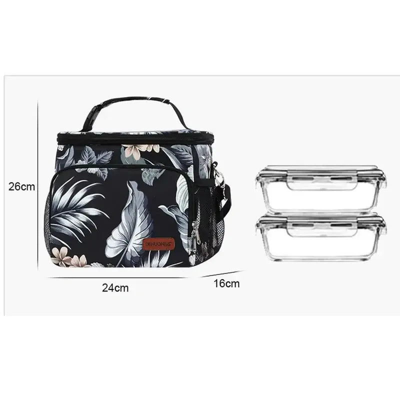 Sac à dos isotherme 15 litres avec sac à lunch floral noir et deux contenants en verre